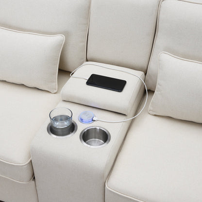 Upholstered Sofa With Console, 2 Cupholders And 2 Usb Ports Wired Or Wirelessly Charged, Linen Fabric Couches With 4 Pillows