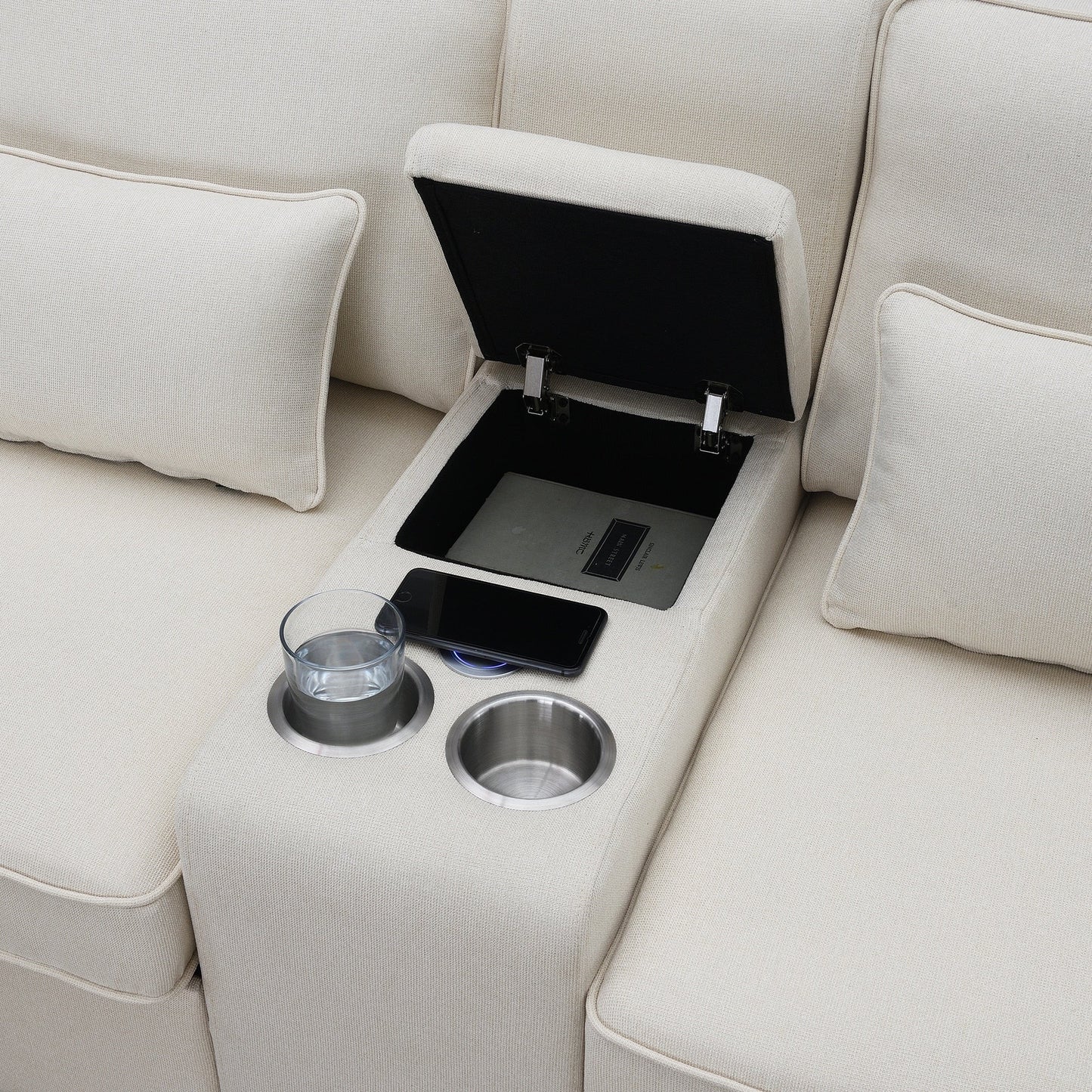 Upholstered Sofa With Console, 2 Cupholders And 2 Usb Ports Wired Or Wirelessly Charged, Linen Fabric Couches With 4 Pillows