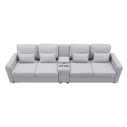 Upholstered Sofa With Console, 2 Cupholders And 2 Usb Ports Wired Or Wirelessly Charged, Linen Fabric Couches With 4 Pillows