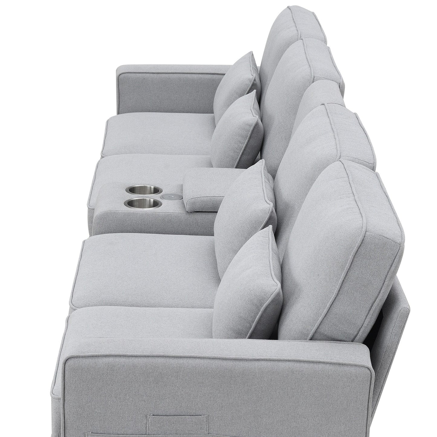 Upholstered Sofa With Console, 2 Cupholders And 2 Usb Ports Wired Or Wirelessly Charged, Linen Fabric Couches With 4 Pillows