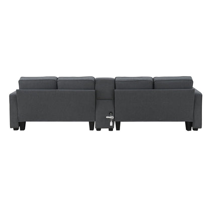 Upholstered Sofa With Console, 2 Cupholders And 2 Usb Ports Wired Or Wirelessly Charged, Linen Fabric Couches With 4 Pillows