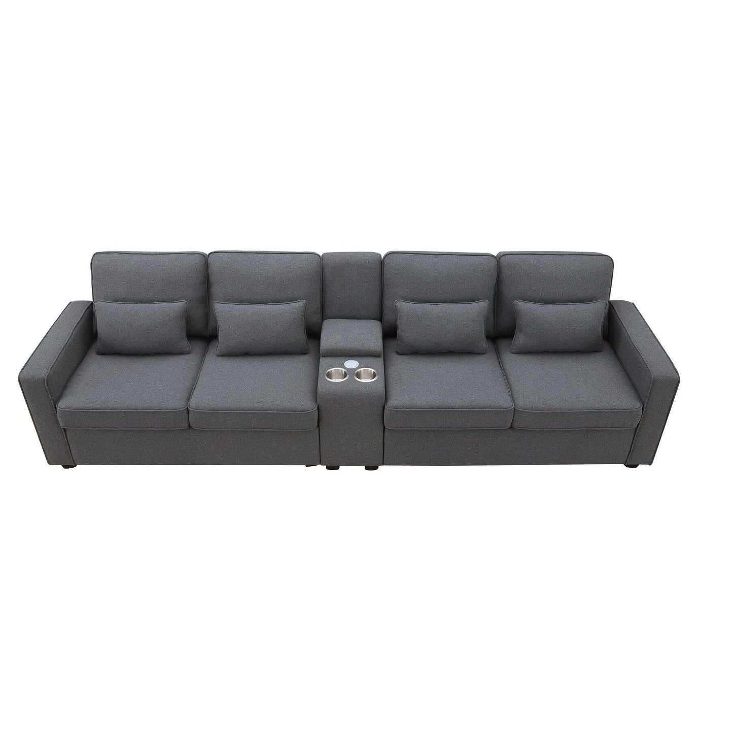 Upholstered Sofa With Console, 2 Cupholders And 2 Usb Ports Wired Or Wirelessly Charged, Linen Fabric Couches With 4 Pillows