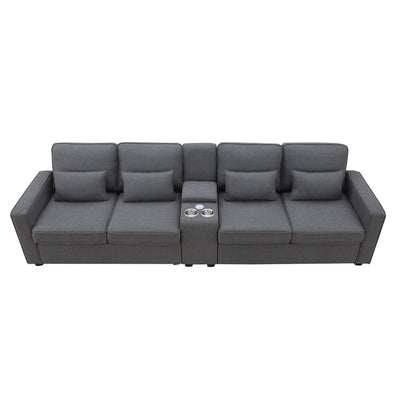 Upholstered Sofa With Console, 2 Cupholders And 2 Usb Ports Wired Or Wirelessly Charged, Linen Fabric Couches With 4 Pillows