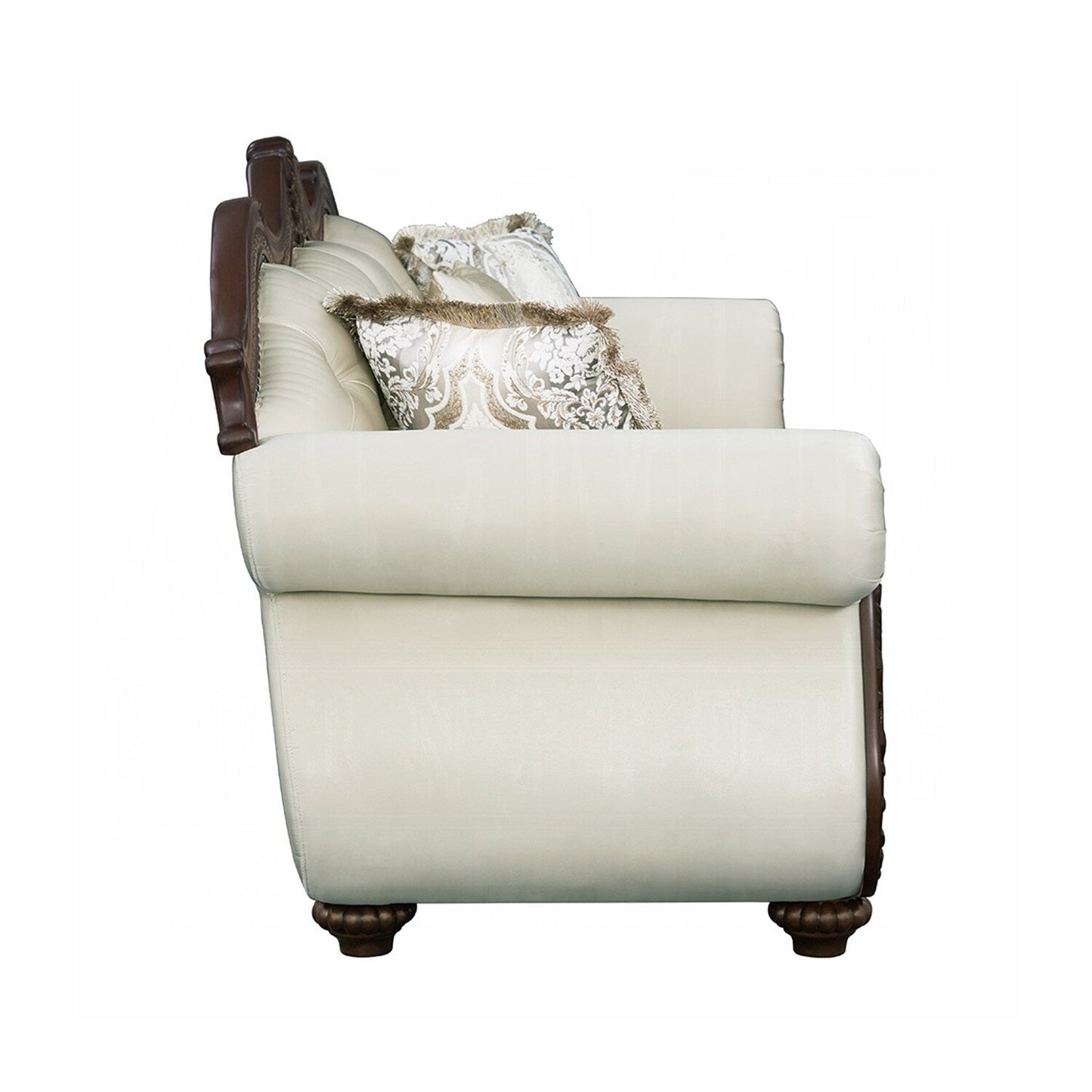 Upholstered Sofa with Button Tufted Back in Beige and Cherry