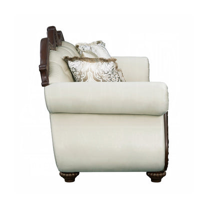 Upholstered Sofa with Button Tufted Back in Beige and Cherry