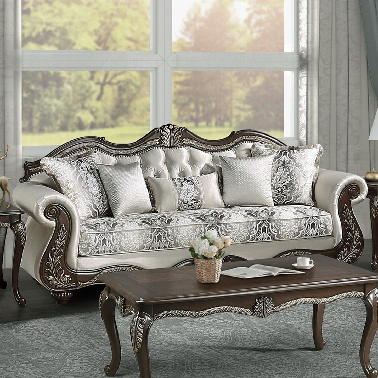 Upholstered Sofa with Button Tufted Back in Beige and Cherry