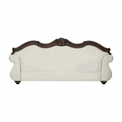 Upholstered Sofa with Button Tufted Back in Beige and Cherry