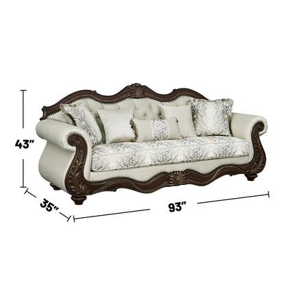 Upholstered Sofa with Button Tufted Back in Beige and Cherry