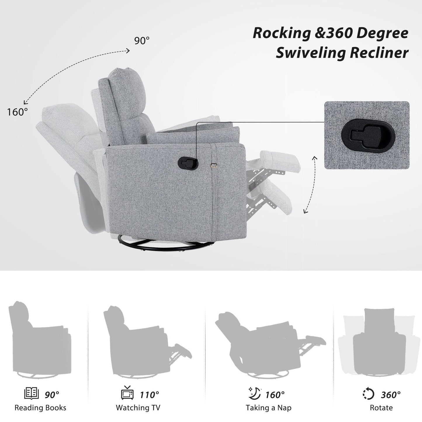 Upholstered Swivel Recliner Manual Rocker
