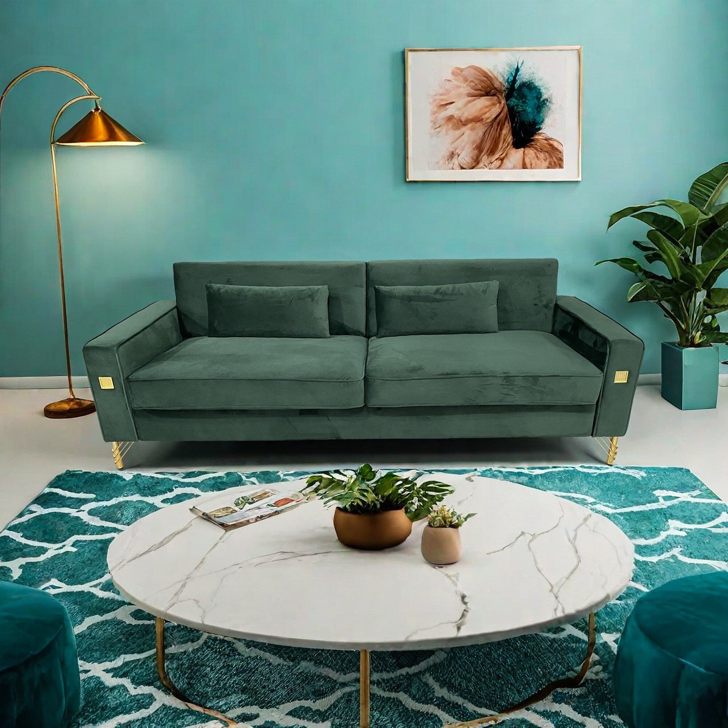 Velvet 3-seater Sofa with Gold Accents