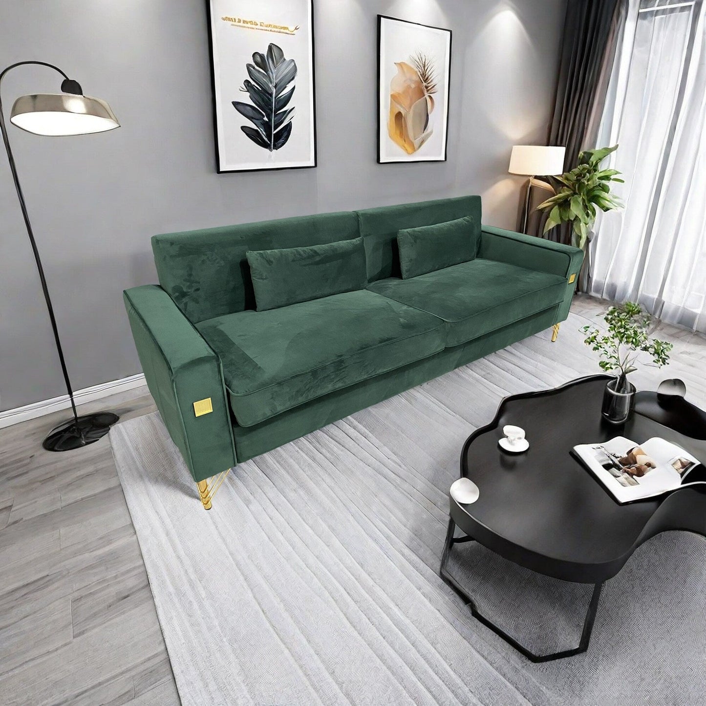 Velvet 3-seater Sofa with Gold Accents