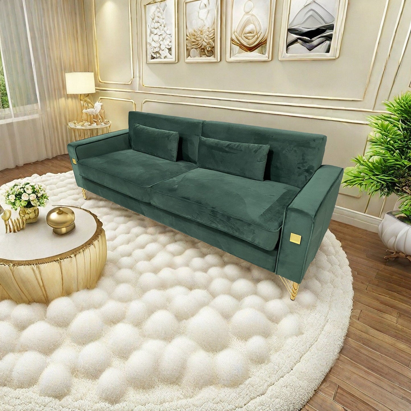 Velvet 3-seater Sofa with Gold Accents