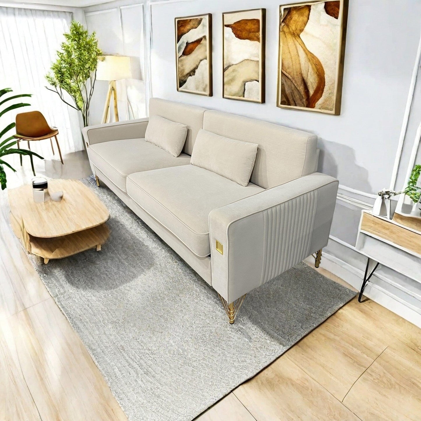 Velvet 3-seater Sofa with Gold Accents