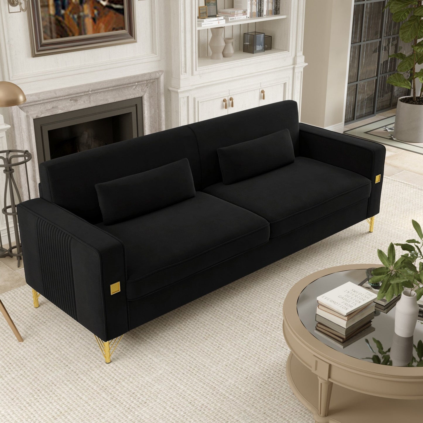 Velvet 3-seater Sofa with Gold Accents