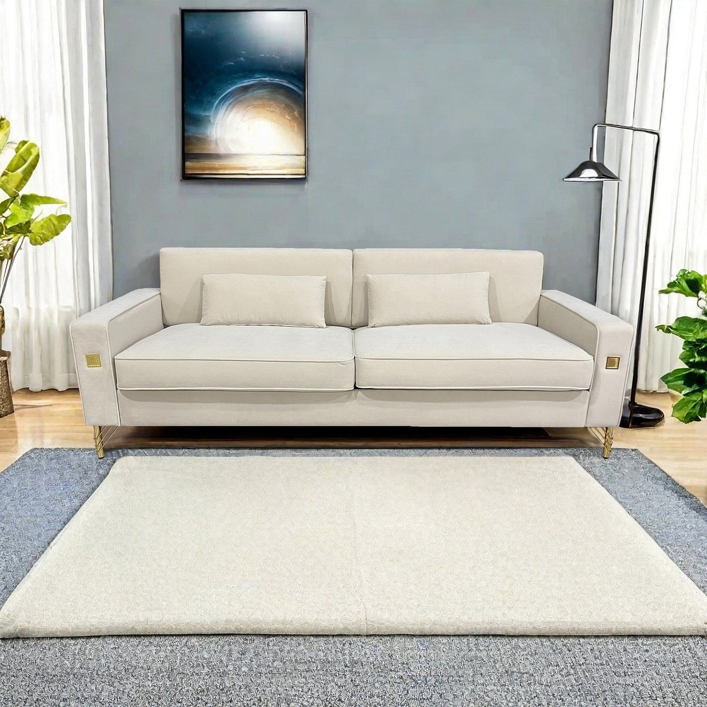 Velvet 3-seater Sofa with Gold Accents