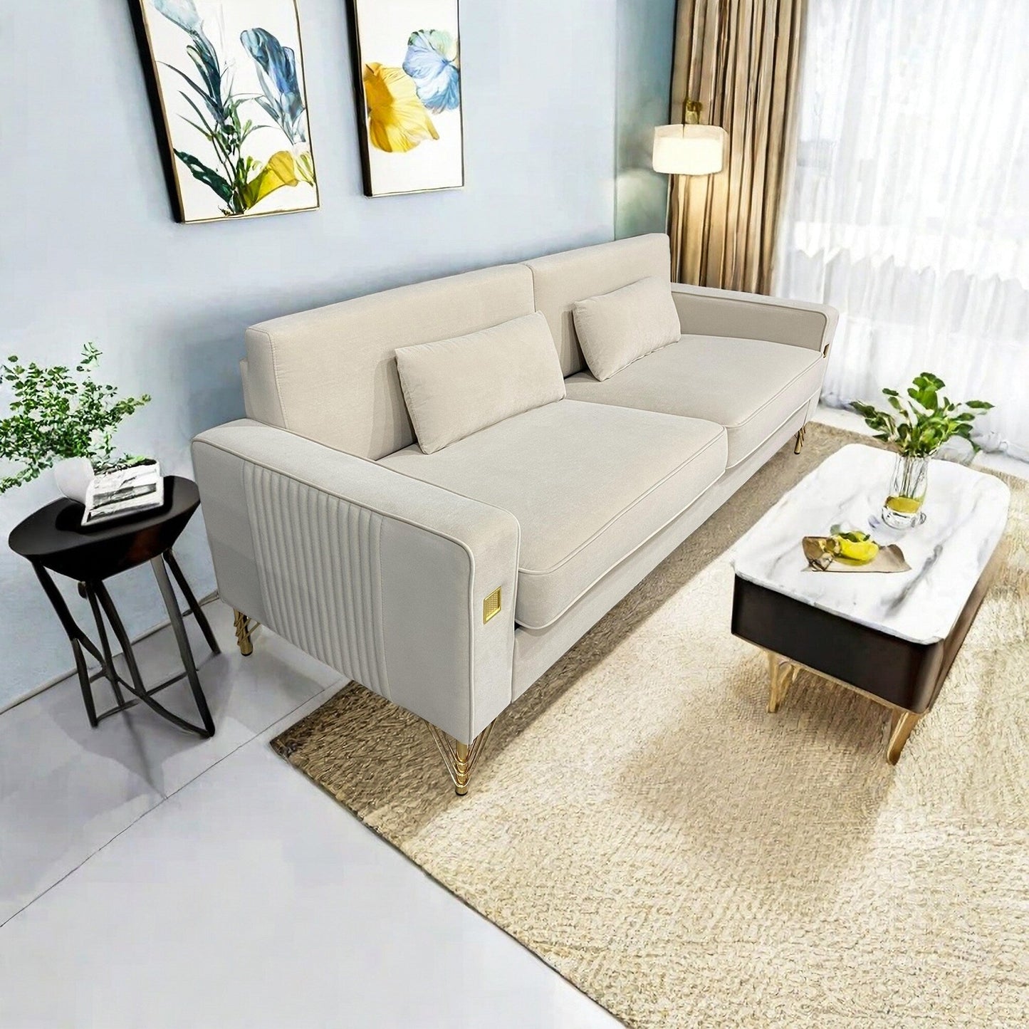 Velvet 3-seater Sofa with Gold Accents