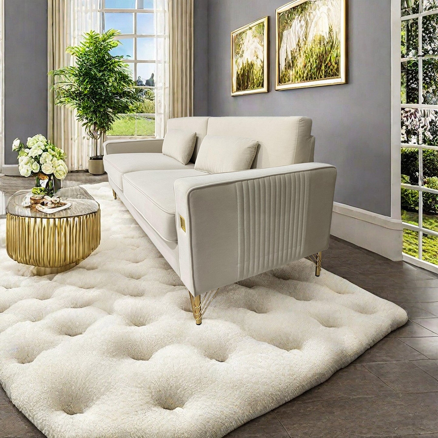 Velvet 3-seater Sofa with Gold Accents