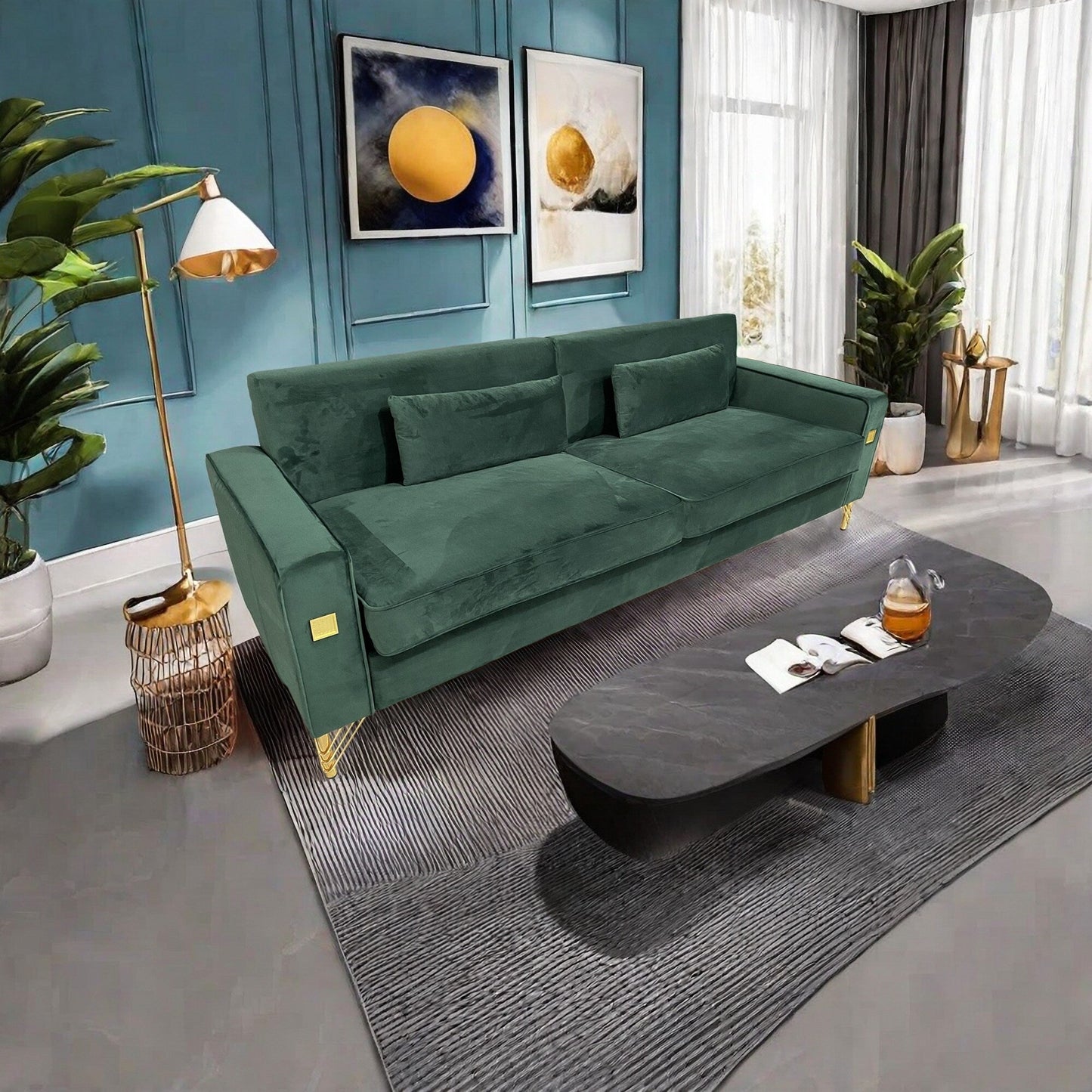 Velvet 3-seater Sofa with Gold Accents