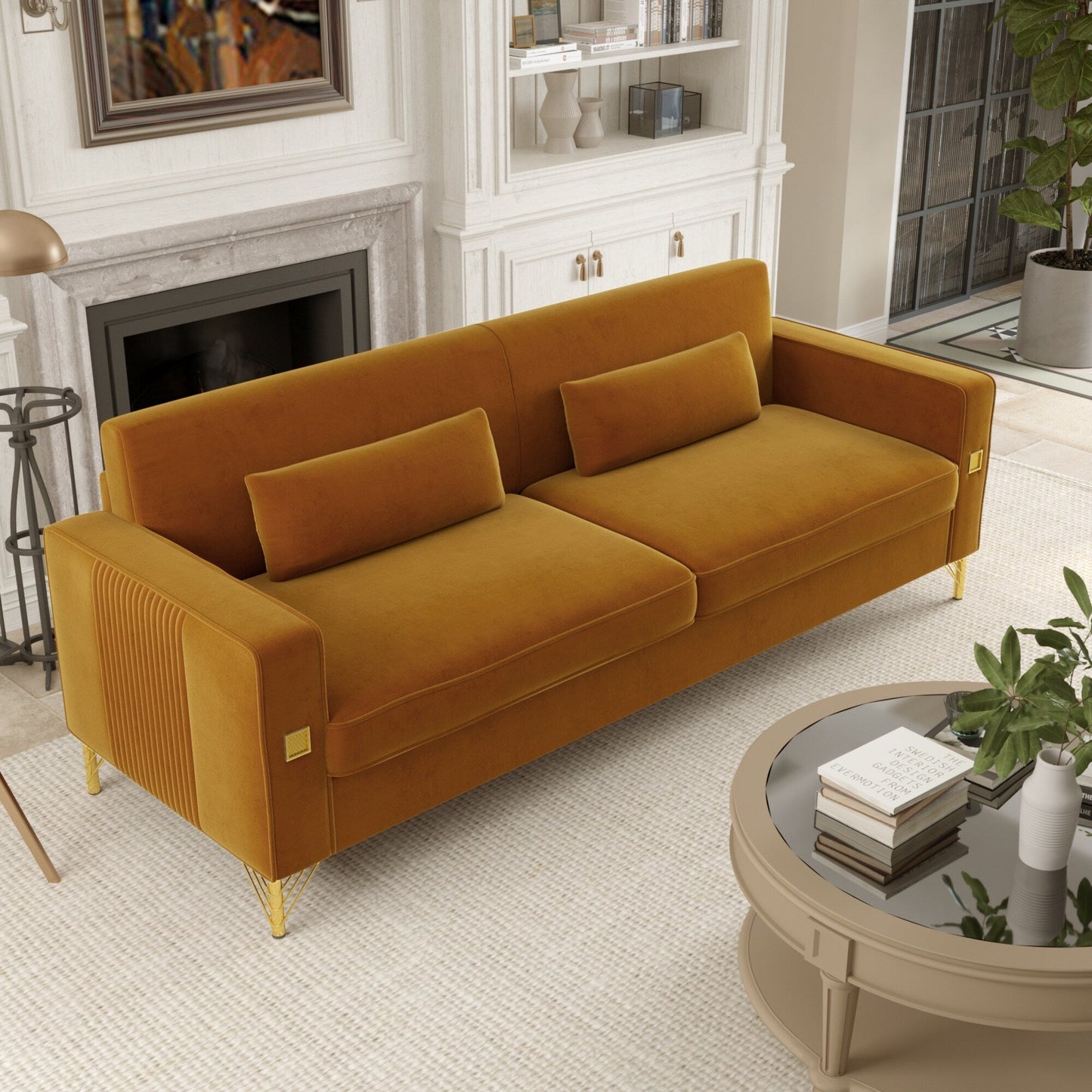 Velvet 3-seater Sofa with Gold Accents