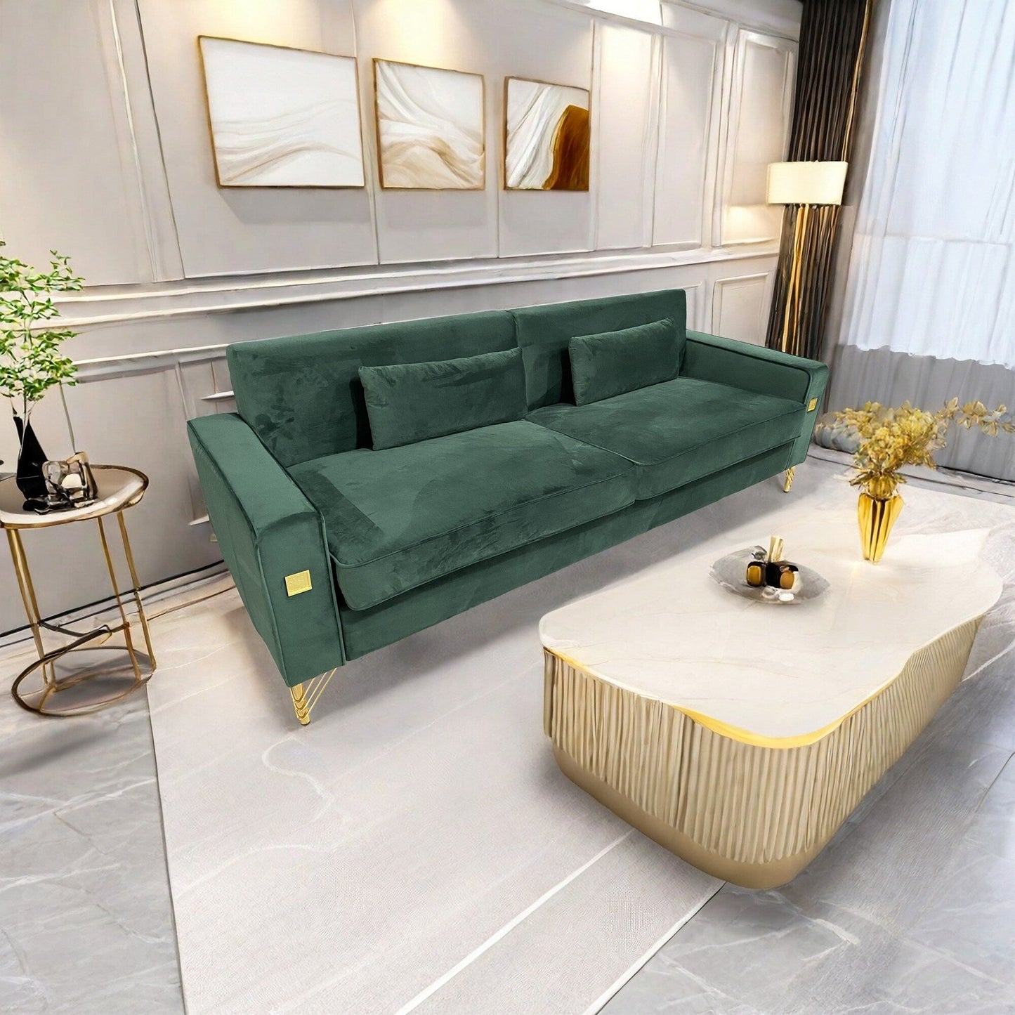 Velvet 3-seater Sofa with Gold Accents
