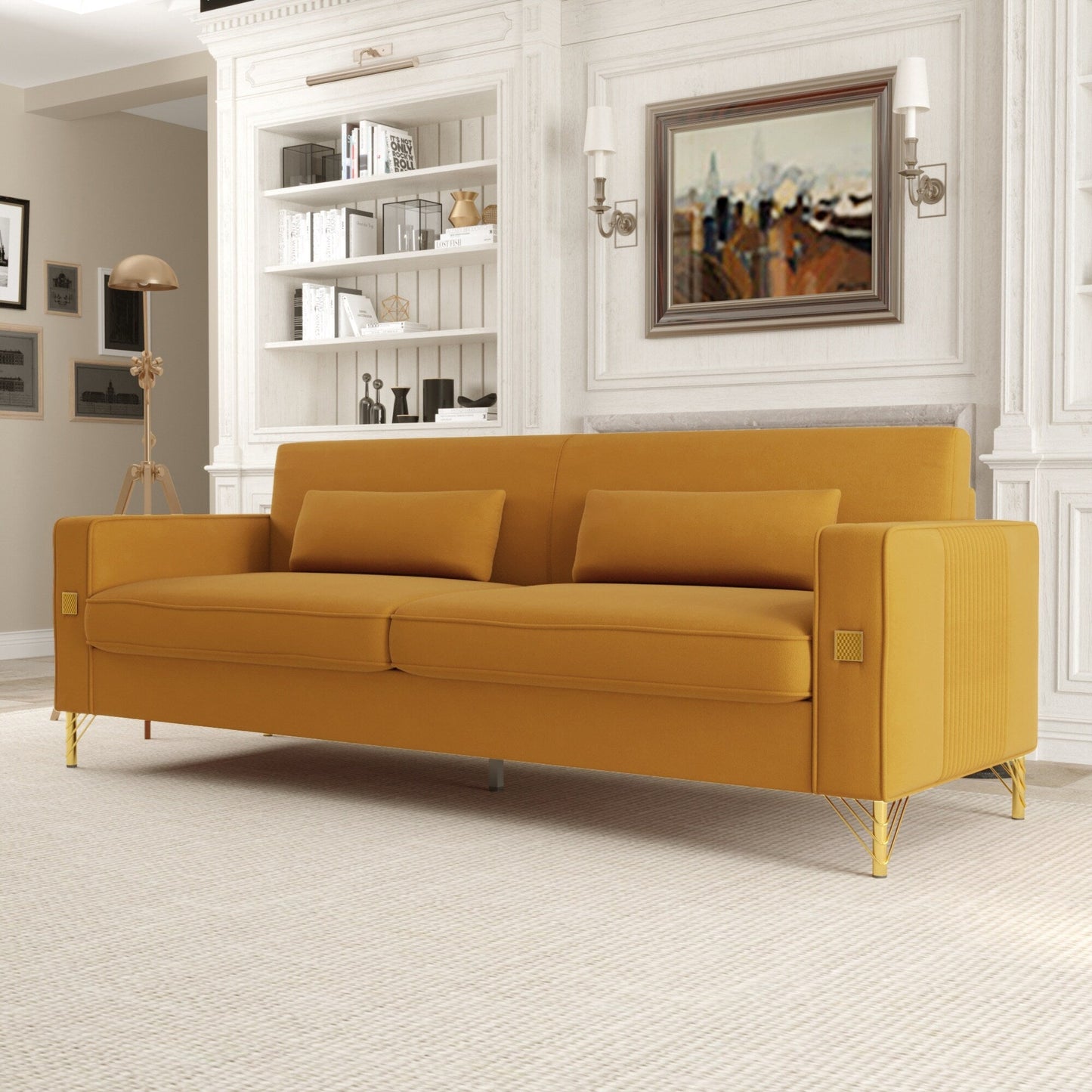Velvet 3-seater Sofa with Gold Accents