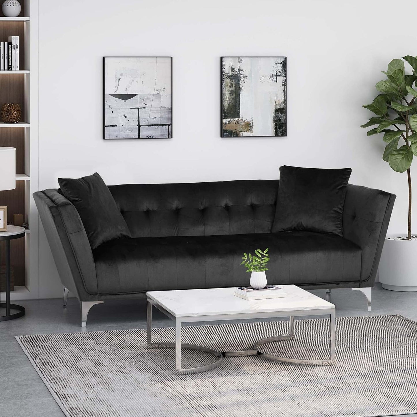 Velvet 3-seater Sofa with Pillows and Sturdy Frame