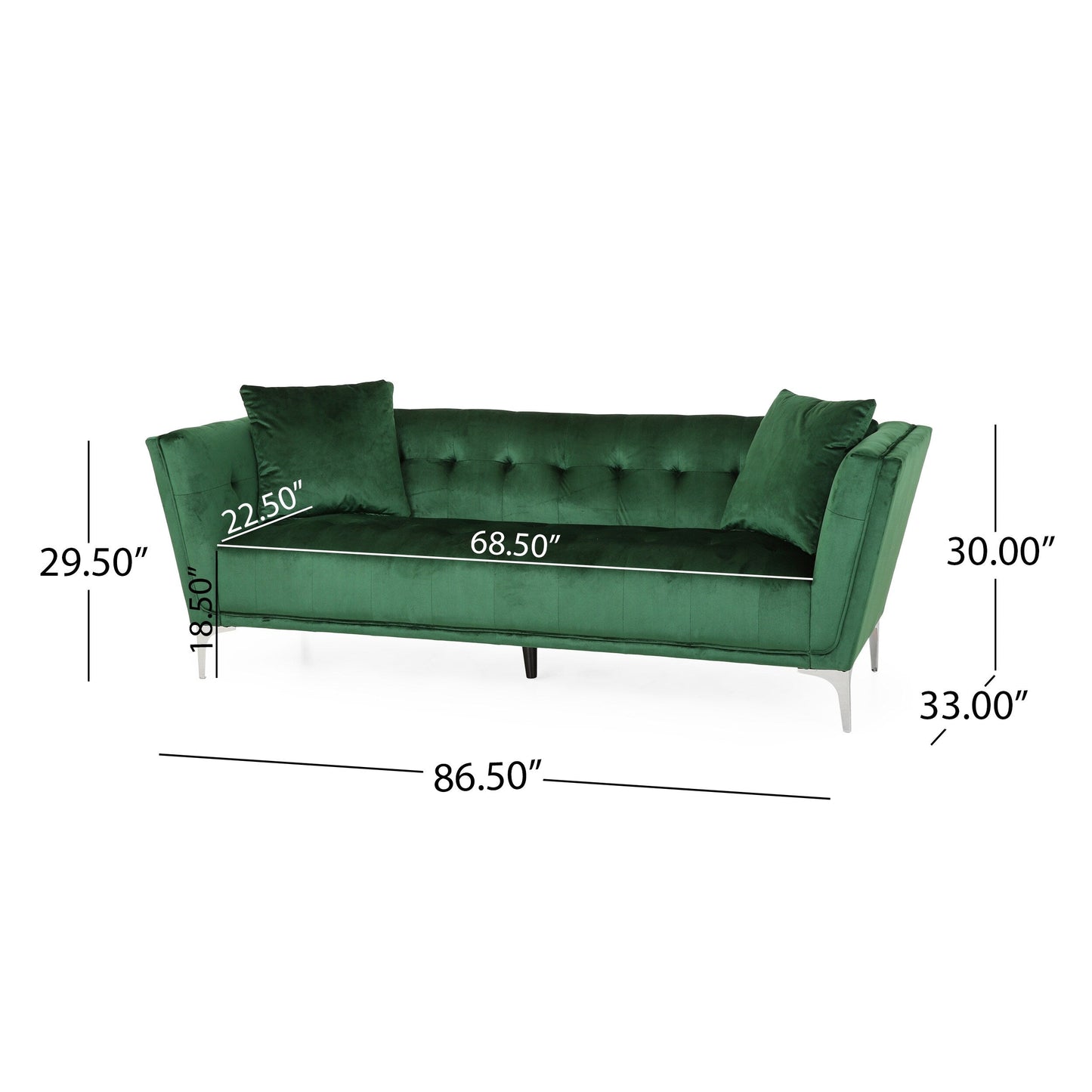 Velvet 3-seater Sofa with Pillows and Sturdy Frame