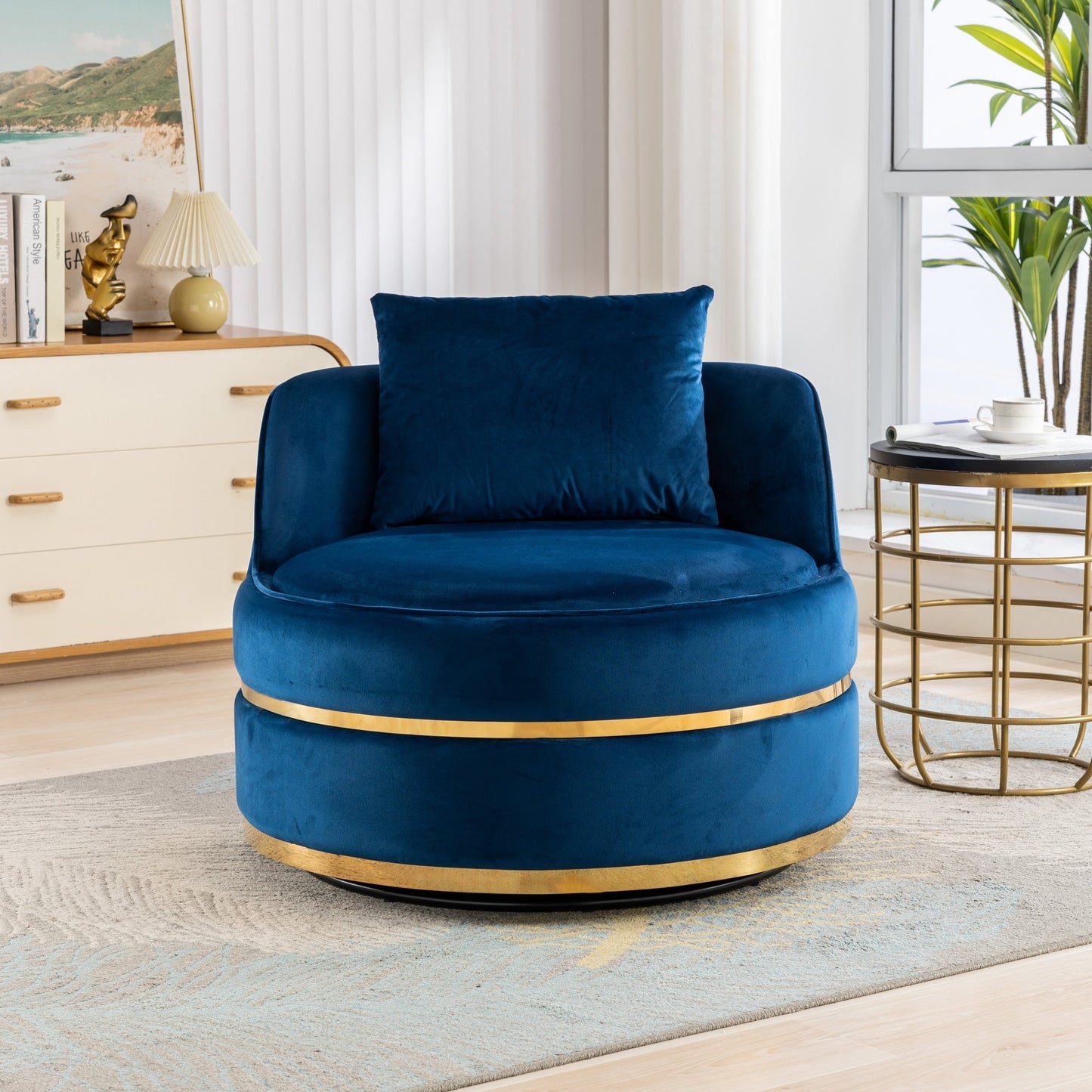 Velvet 360° Swivel Accent Chair with Seat Cushion, Upholstered Barrel Chair with Stainless Steel Base Living Room Chair