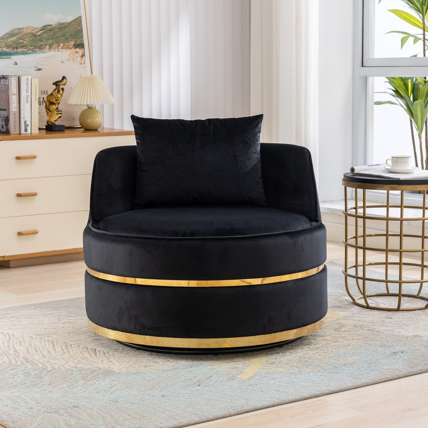 Velvet 360° Swivel Accent Chair with Seat Cushion, Upholstered Barrel Chair with Stainless Steel Base Living Room Chair