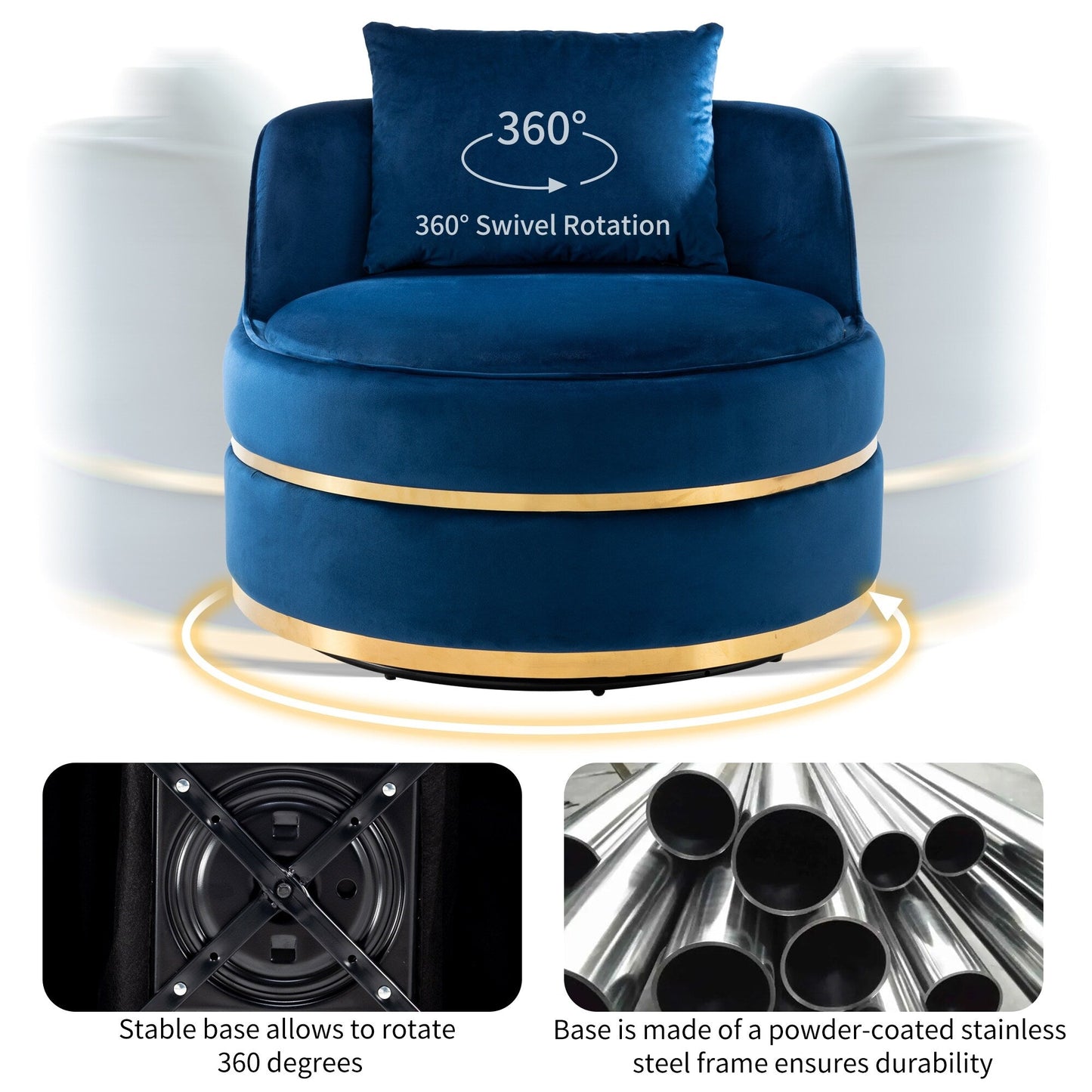 Velvet 360° Swivel Accent Chair with Seat Cushion, Upholstered Barrel Chair with Stainless Steel Base Living Room Chair