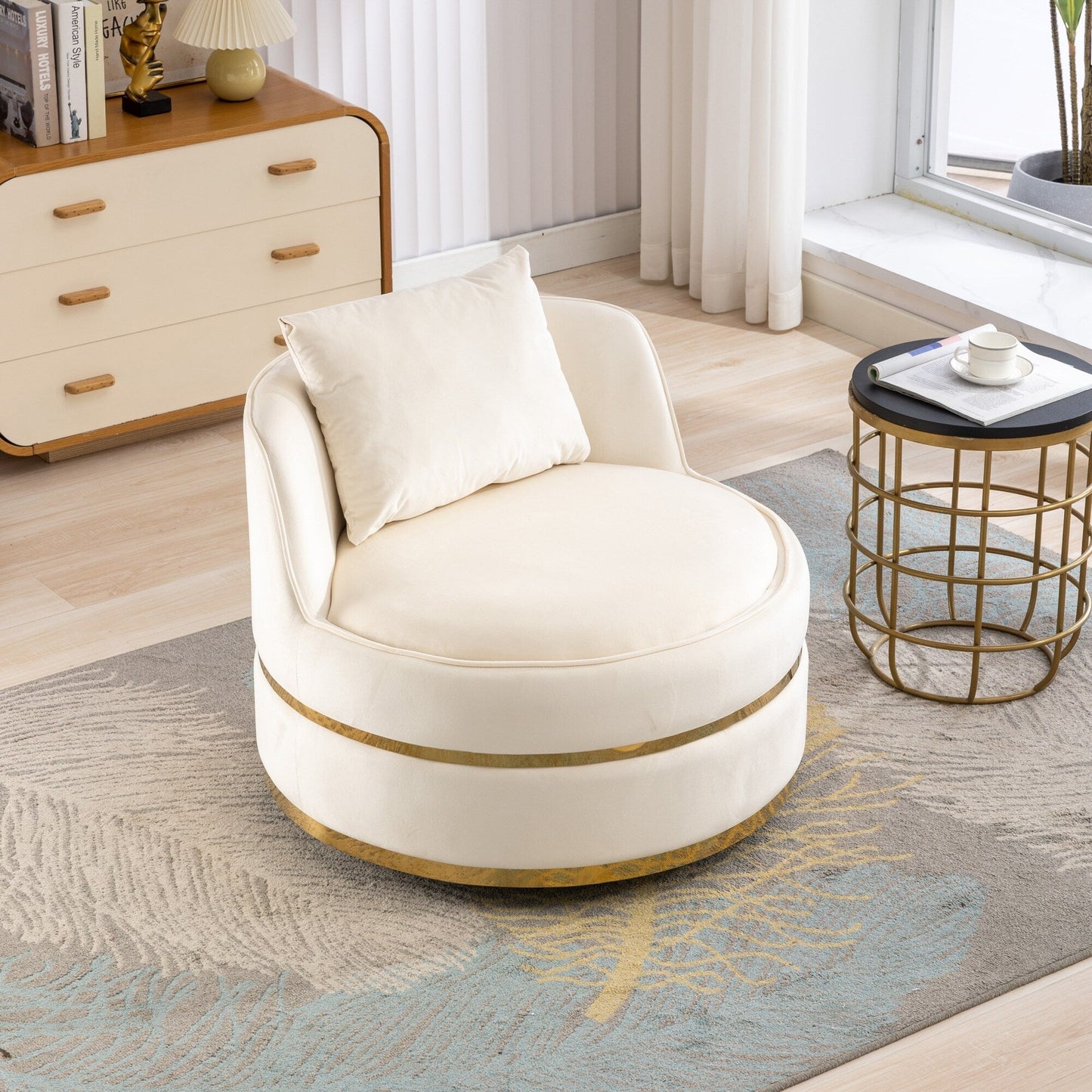 Velvet 360° Swivel Accent Chair with Seat Cushion, Upholstered Barrel Chair with Stainless Steel Base Living Room Chair