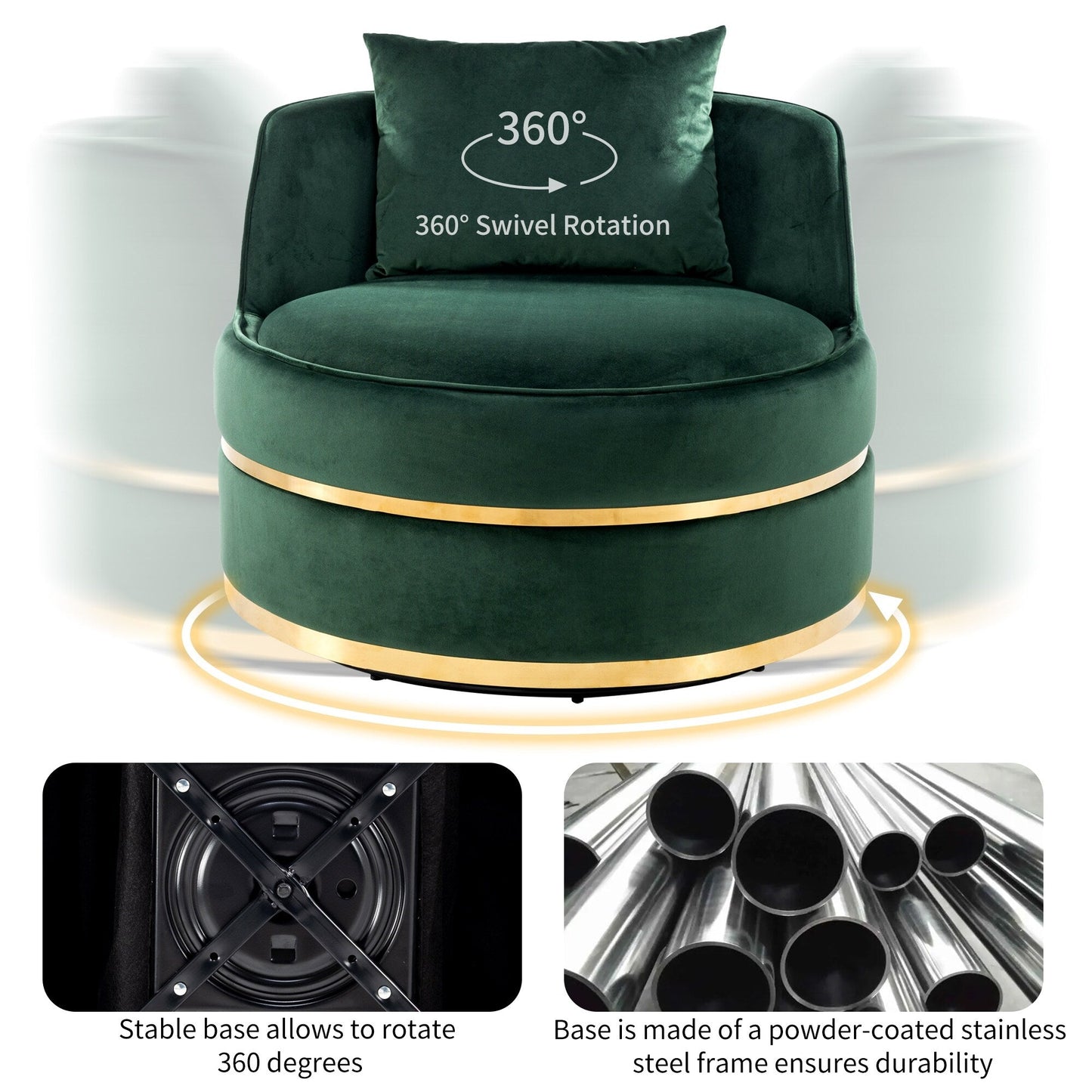 Velvet 360° Swivel Accent Chair with Seat Cushion, Upholstered Barrel Chair with Stainless Steel Base Living Room Chair