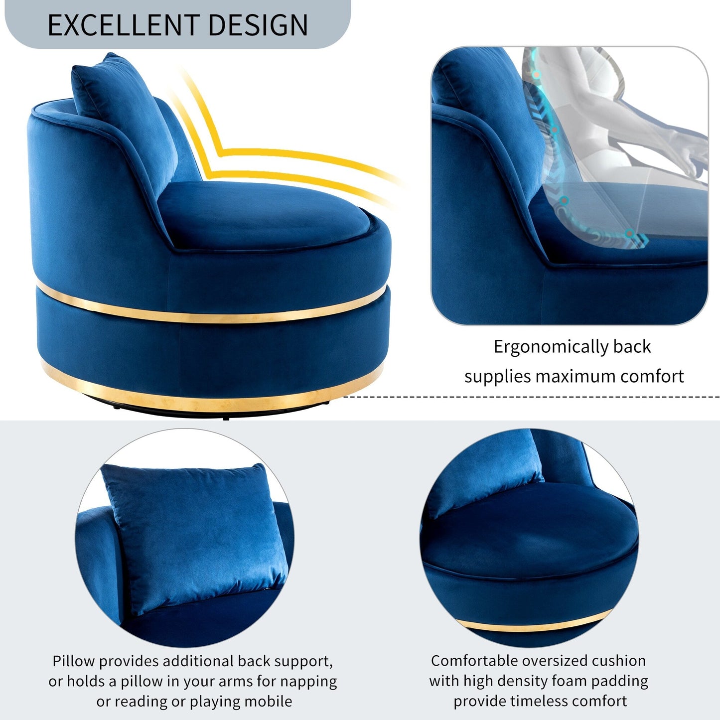 Velvet 360° Swivel Accent Chair with Seat Cushion, Upholstered Barrel Chair with Stainless Steel Base Living Room Chair