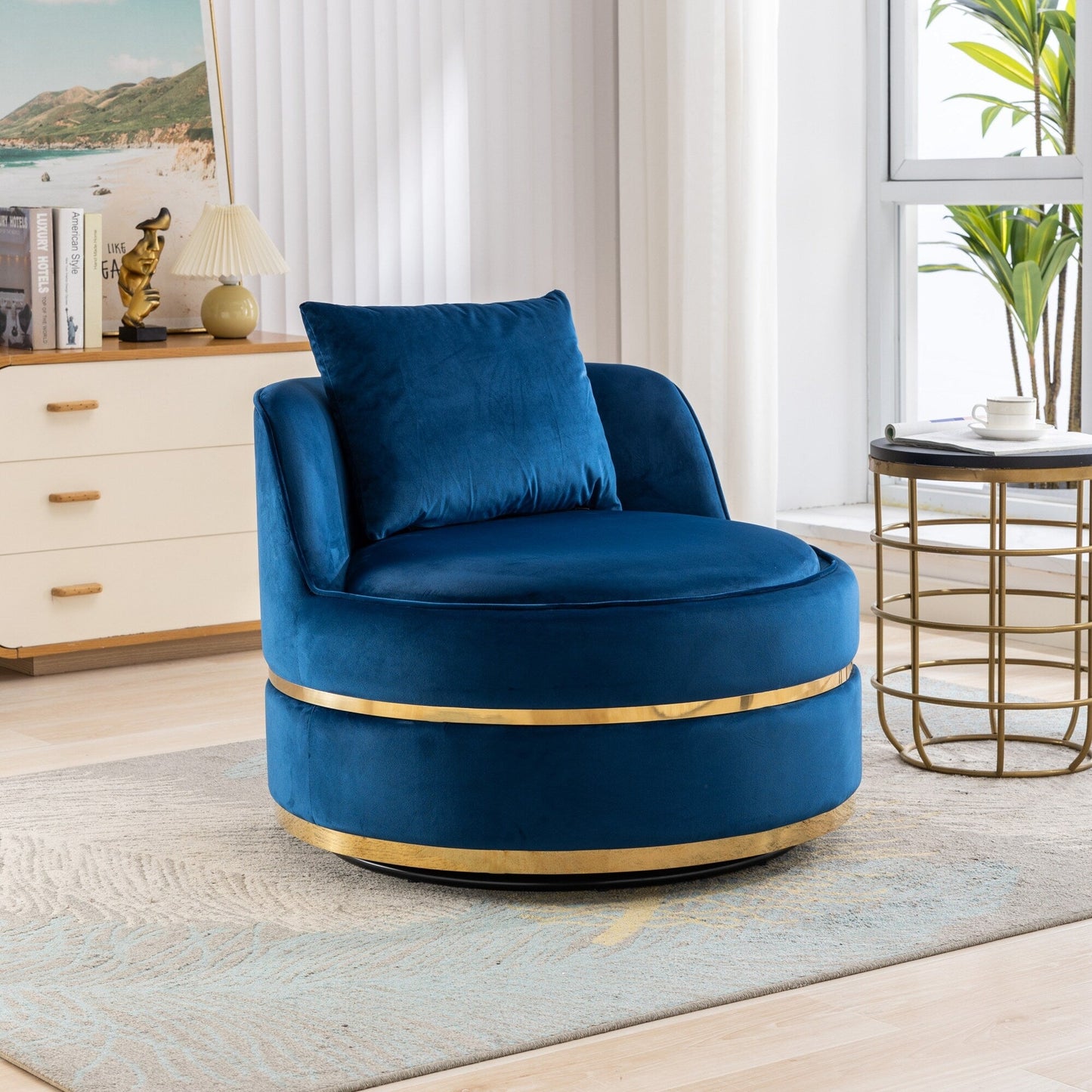 Velvet 360° Swivel Accent Chair with Seat Cushion, Upholstered Barrel Chair with Stainless Steel Base Living Room Chair