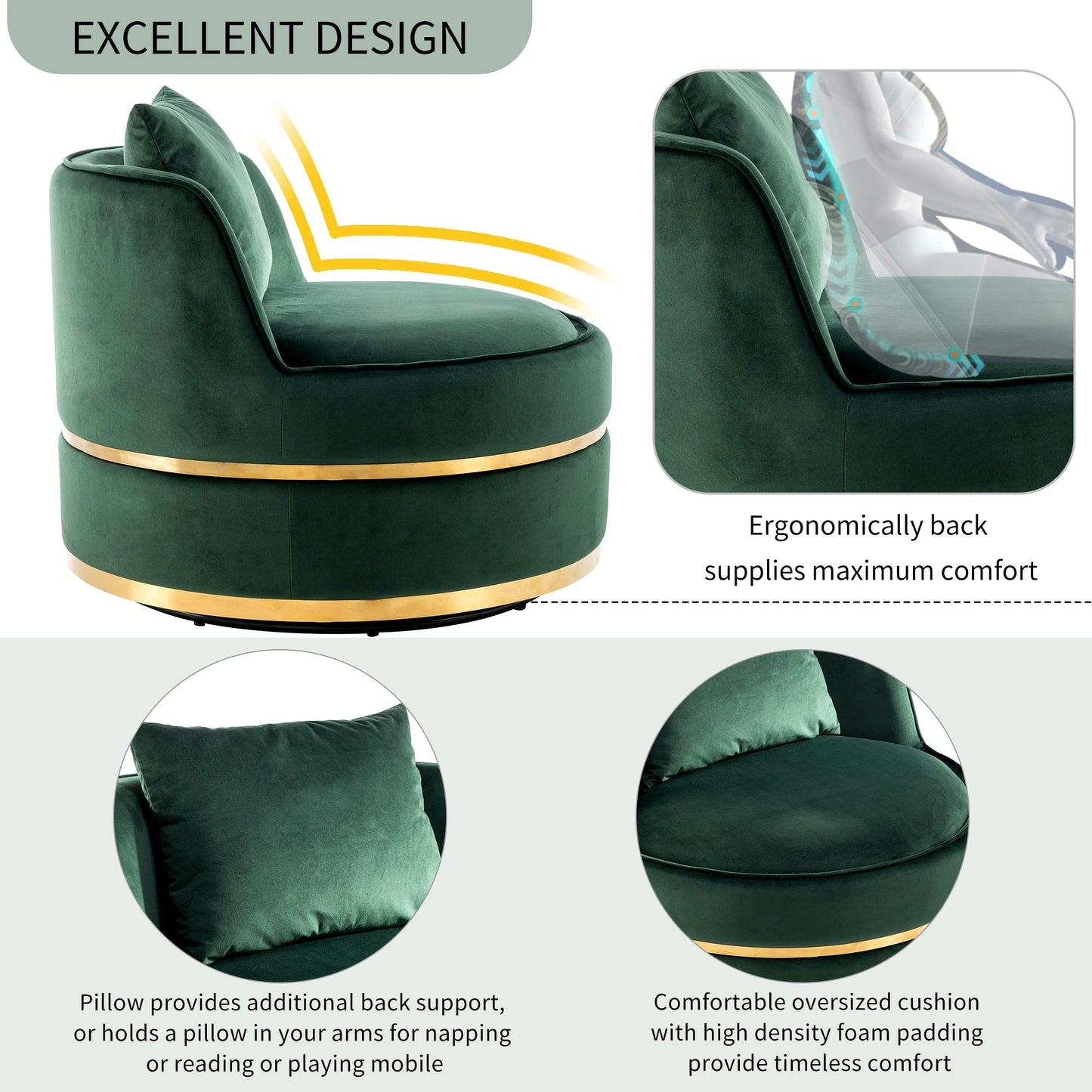 Velvet 360° Swivel Accent Chair with Seat Cushion, Upholstered Barrel Chair with Stainless Steel Base Living Room Chair