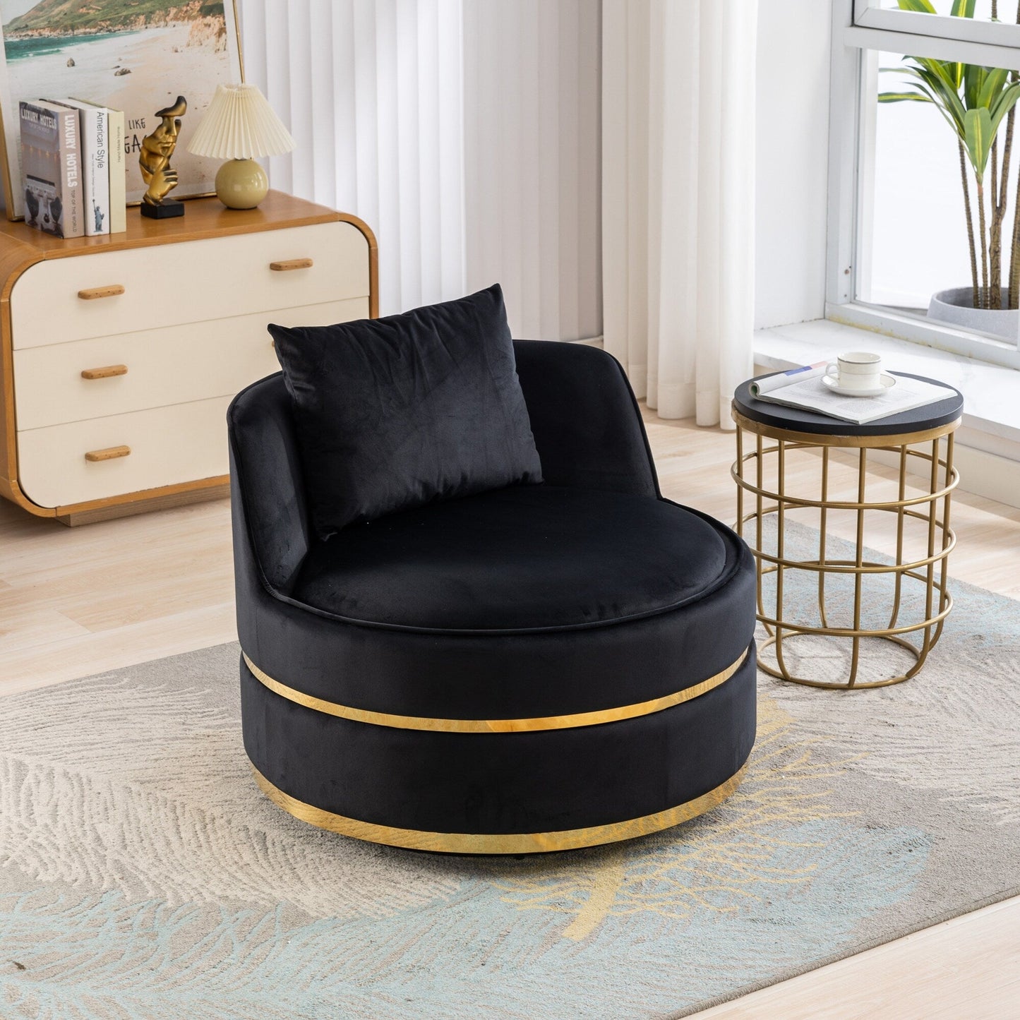 Velvet 360° Swivel Accent Chair with Seat Cushion, Upholstered Barrel Chair with Stainless Steel Base Living Room Chair