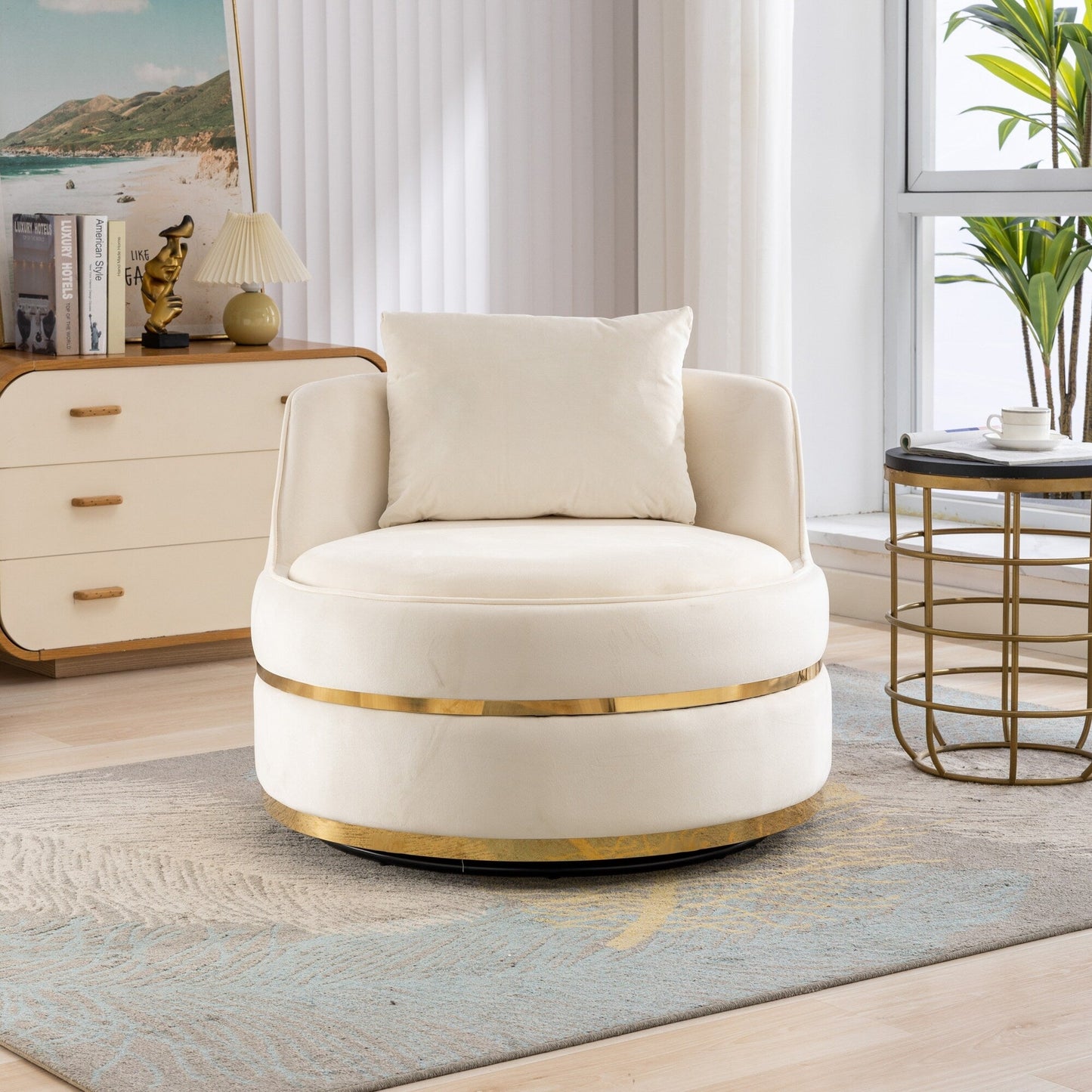 Velvet 360° Swivel Accent Chair with Seat Cushion, Upholstered Barrel Chair with Stainless Steel Base Living Room Chair