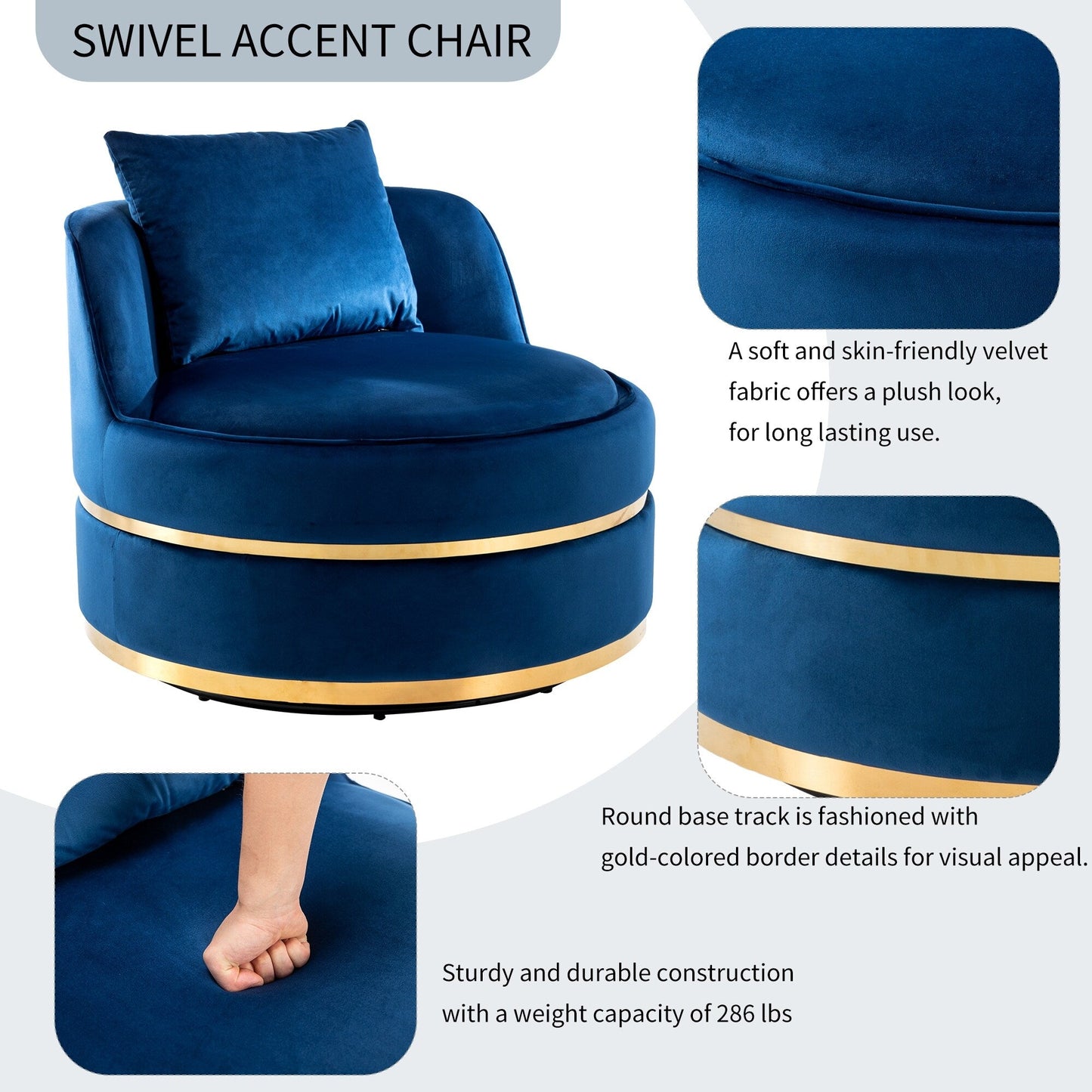 Velvet 360° Swivel Accent Chair with Seat Cushion, Upholstered Barrel Chair with Stainless Steel Base Living Room Chair