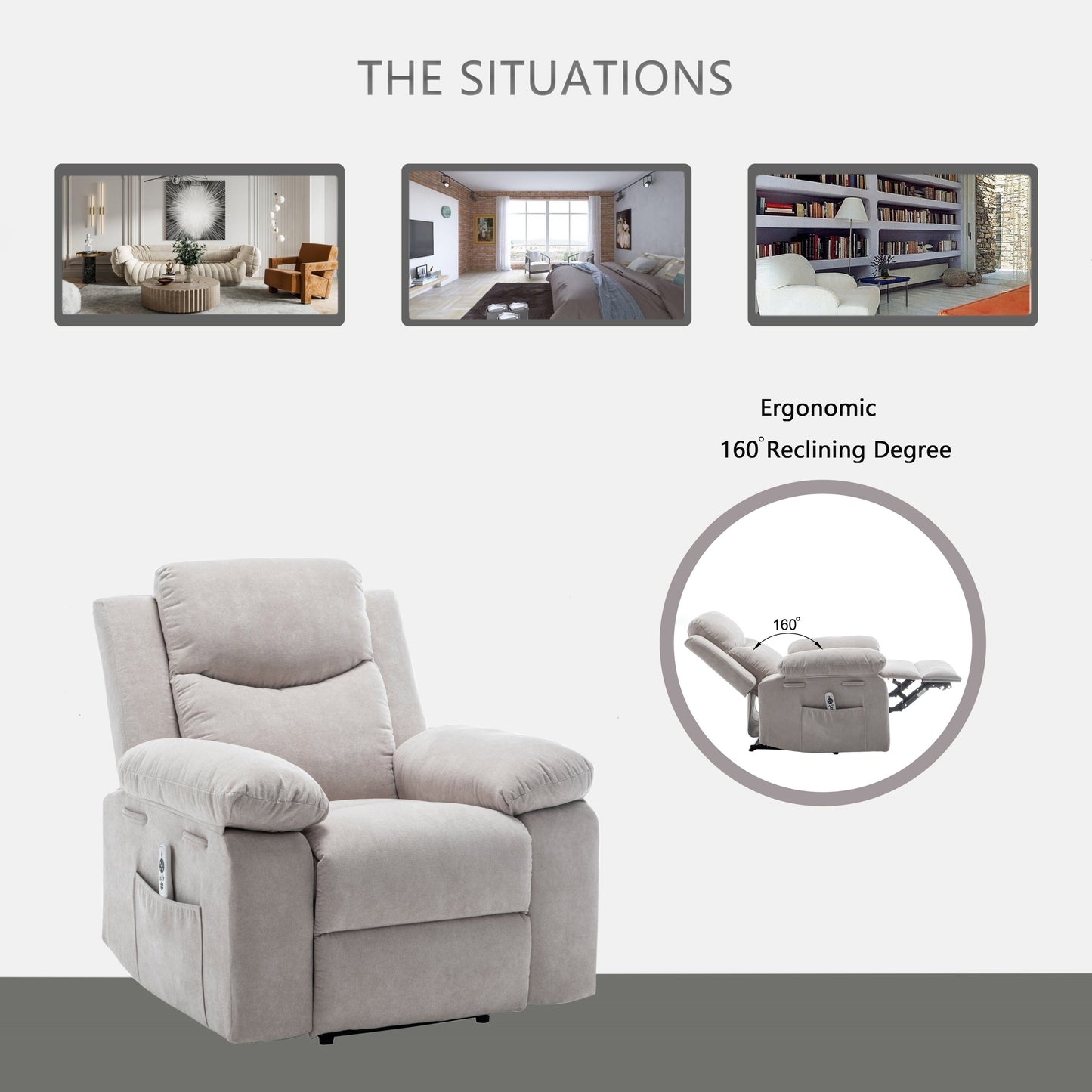 Velvet Adjustable Massage Function Power Recliner Chair with Heating System