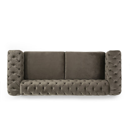 Velvet Button Tufted 3-seater Sofa with Iron Legs