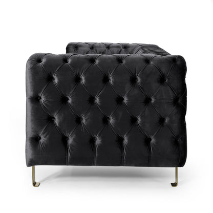 Velvet Button Tufted 3-seater Sofa with Iron Legs