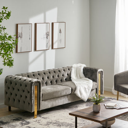 Velvet Button Tufted 3-seater Sofa with Iron Legs
