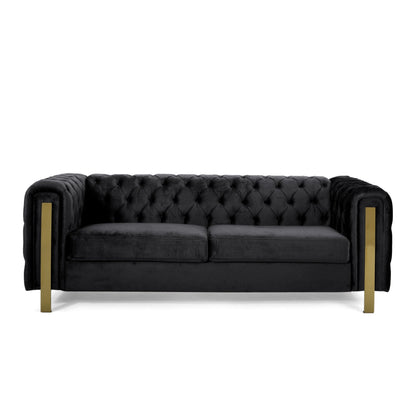 Velvet Button Tufted 3-seater Sofa with Iron Legs
