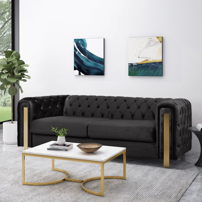 Velvet Button Tufted 3-seater Sofa with Iron Legs