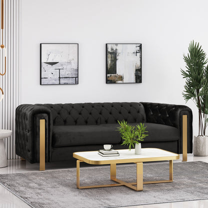 Velvet Button Tufted 3-seater Sofa with Iron Legs