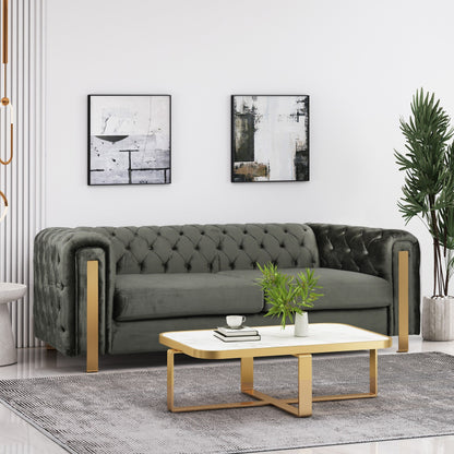 Velvet Button Tufted 3-seater Sofa with Iron Legs