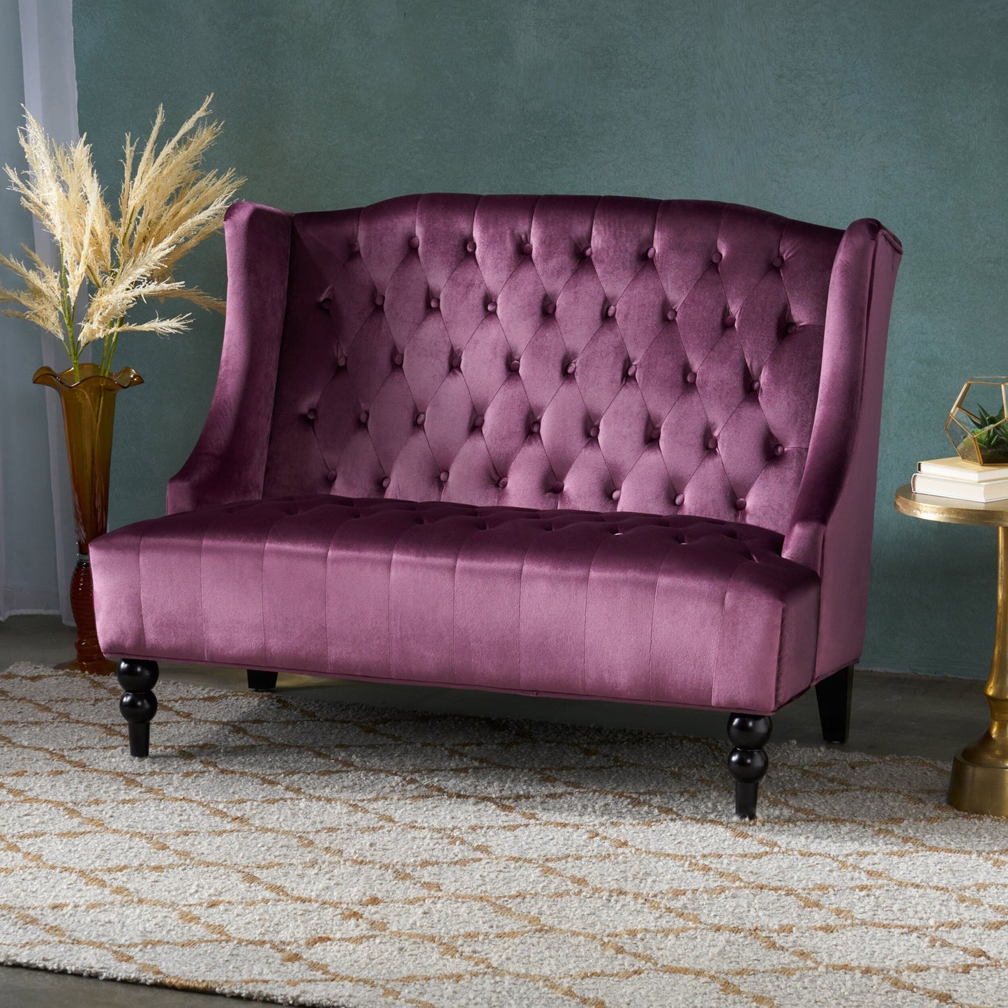 Velvet Button Tufted High Wingback Loveseat Sofa