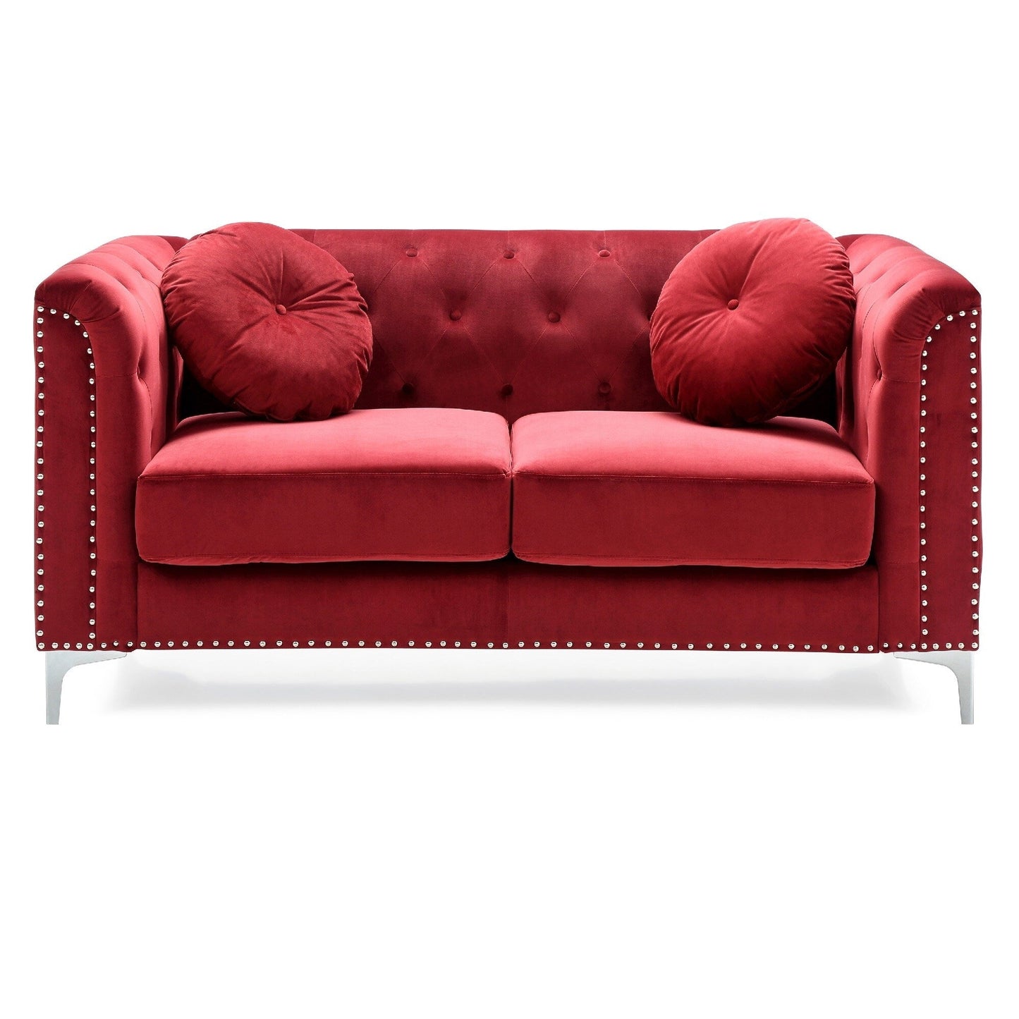 Velvet Button Tufted Loveseat with Throw Pillows - 62 - Red