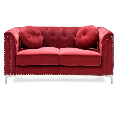 Velvet Button Tufted Loveseat with Throw Pillows - 62 - Red