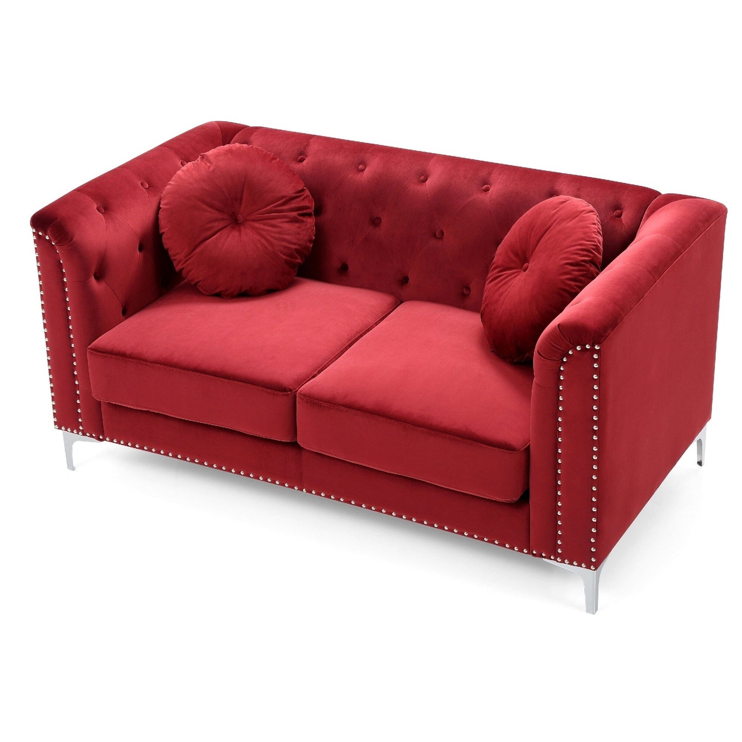 Velvet Button Tufted Loveseat with Throw Pillows - 62 - Red